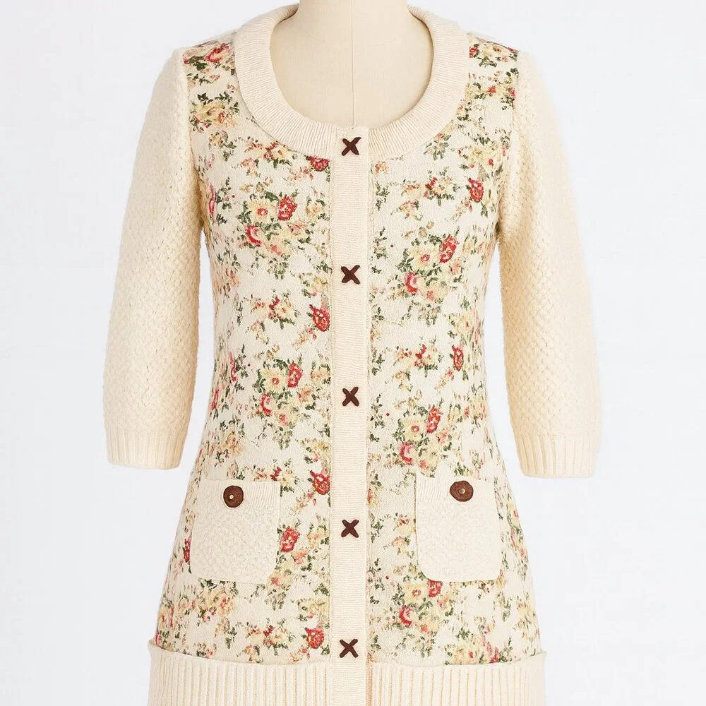 Anthropologie HWR Monogram Cotton Blend Floral Knit Cardigan - Picture 2 of 7